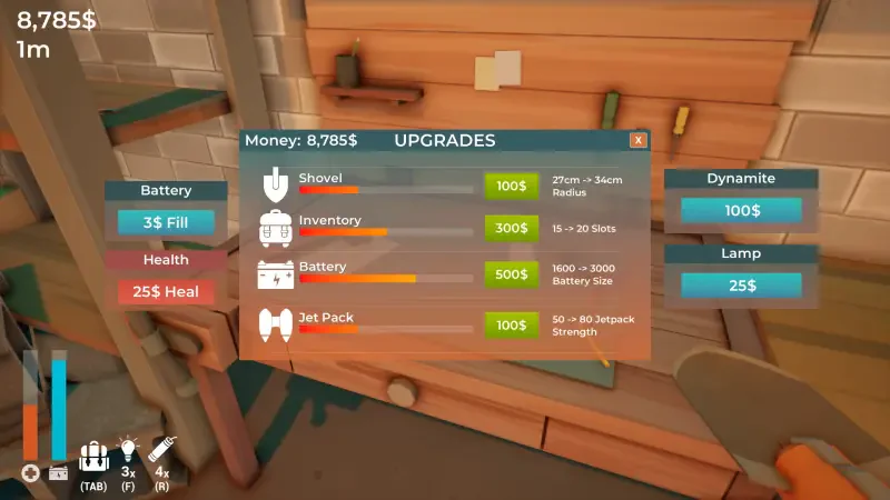 Screenshot showcasing the upgrade menu from A Game About Digging A Hole, featuring options for shovel, inventory, battery, jet pack, dynamite, and lamp alongside player stats.