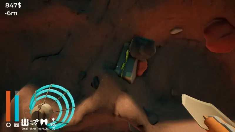 A top-down view from the game A Game About Digging A Hole, featuring a character digging underground, showcasing tools and treasures amid dirt and rocks.