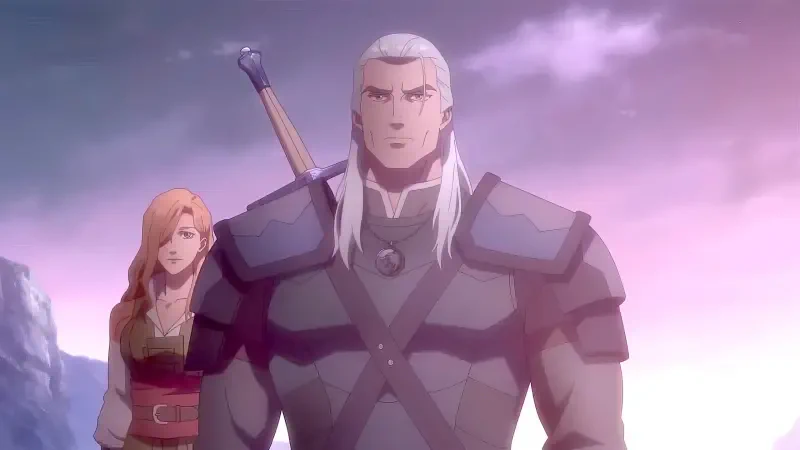 Geralt of Rivia stands determined in armor, with a sword at his back, alongside a woman in a red dress, set against a mystical landscape in the anime The Witcher: Sirens of the Deep.
