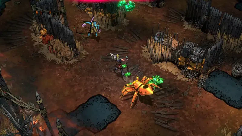 A vibrant video game scene from Sworn, featuring a character navigating a rustic landscape with a giant spider and various glowing plants amidst wooden structures.