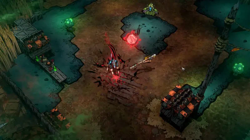 An aerial view of a dark, stylized environment in the video game Sworn, featuring glowing elements, weaponry, and a character engaged in battle.