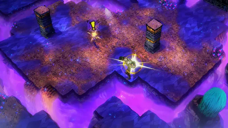 A vibrant scene from the video game Sworn, featuring a character illuminated by shimmering light against a fantastical, purple-toned landscape with glowing pillars.