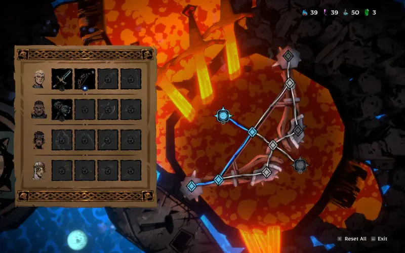 A gameplay screenshot from the video game Sworn, featuring a character upgrade menu alongside a vibrant, lava-filled environment.
