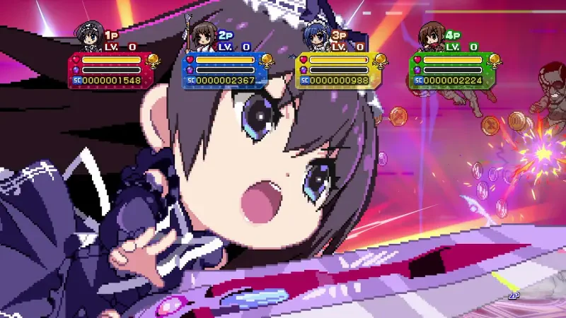 A dynamic scene from the video game Phantom Breaker: Battle Grounds Ultimate, featuring an expressive character with vibrant backgrounds and colorful player indicators.