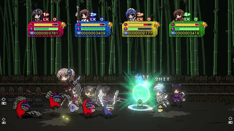 Four characters engage in combat in Phantom Breaker: Battle Grounds Ultimate, set against a bamboo backdrop, with colorful player stats displayed above them.