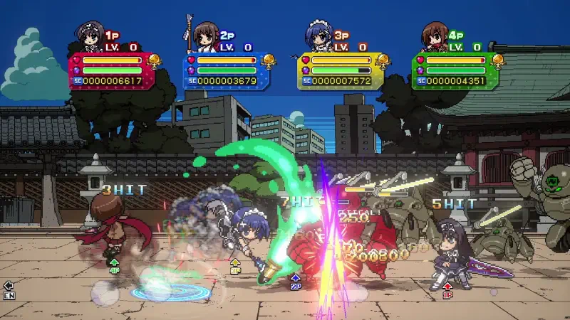 In Phantom Breaker: Battle Grounds Ultimate, colorful characters engage in dynamic combat, showcasing a vibrant urban backdrop and various action elements in a multiplayer setting.