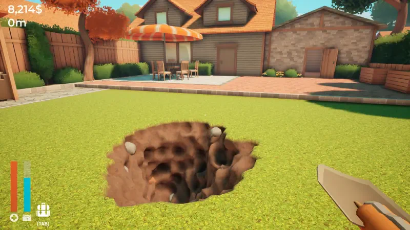 A vibrant backyard scene from A Game About Digging A Hole, showcasing a deep hole in the green lawn, with a house and patio in the background under clear blue skies.