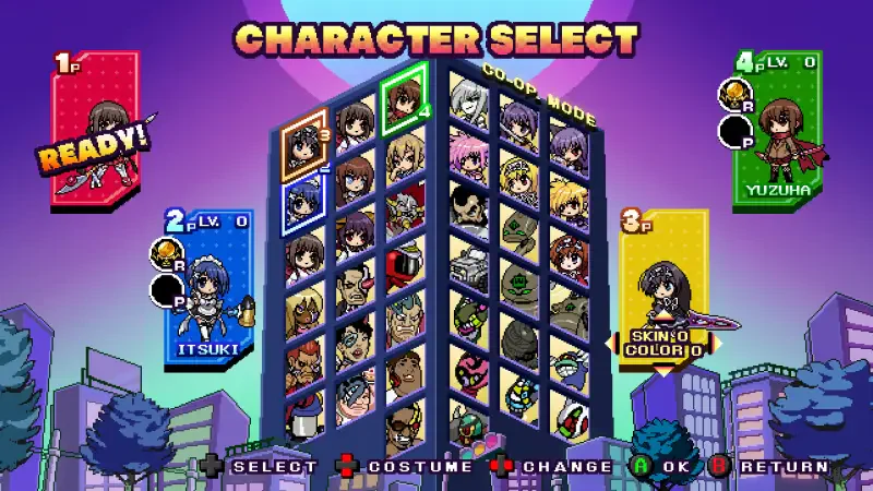 Character select screen from Phantom Breaker: Battle Grounds Ultimate, featuring various playable characters ready for battle in vibrant, colorful backgrounds.