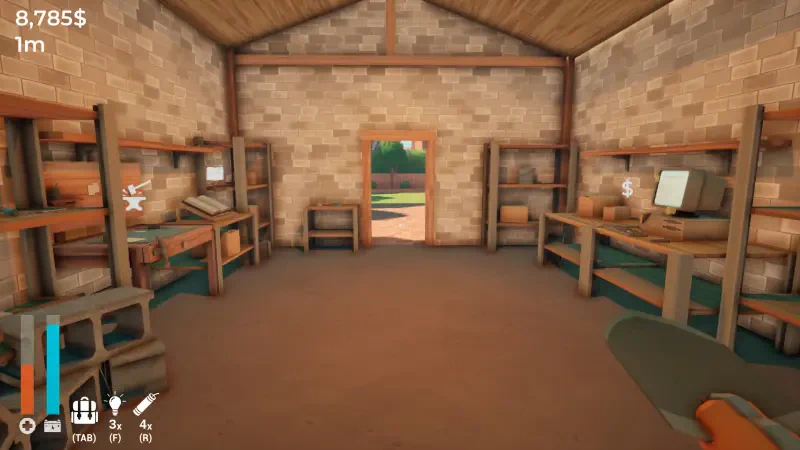 An interior view of a rustic workshop in A Game About Digging A Hole, featuring wooden shelves and tools, with an open door leading outside.