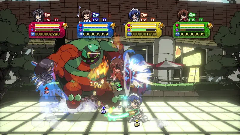 Action-packed scene from Phantom Breaker: Battle Grounds Ultimate, featuring colorful characters battling a large enemy in a vibrant, animated environment.