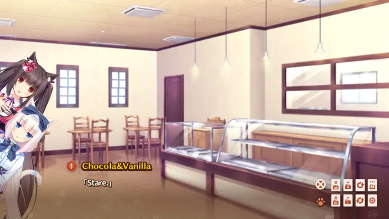 Two catgirls, Chocola and Vanilla, stand playfully in a cozy cafe setting from the video game NEKOPARA Vol. 1, with a glass display showcasing pastries.