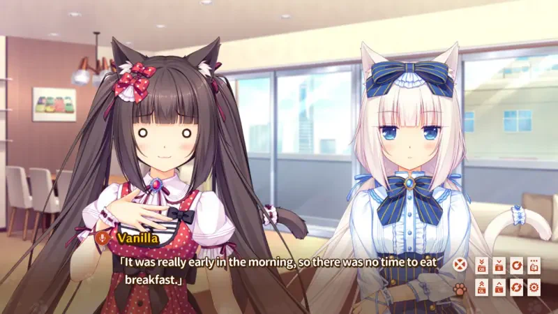 Two catgirls from NEKOPARA Vol. 1 are conversing in a bright café setting, with one expressing concern about the early morning and missing breakfast.