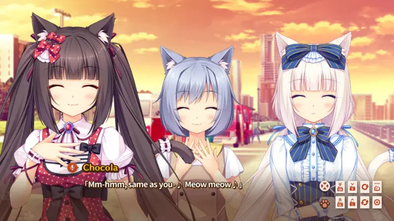 Three cheerful catgirls from NEKOPARA Vol. 1 stand together against a vibrant sunset, smiling and sharing playful dialogue.