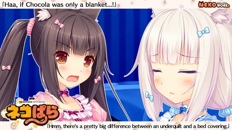 Two characters from NEKOPARA Vol. 1 interact playfully, one expressing a humorous thought about Chocola as a blanket, while the other appears contemplative.