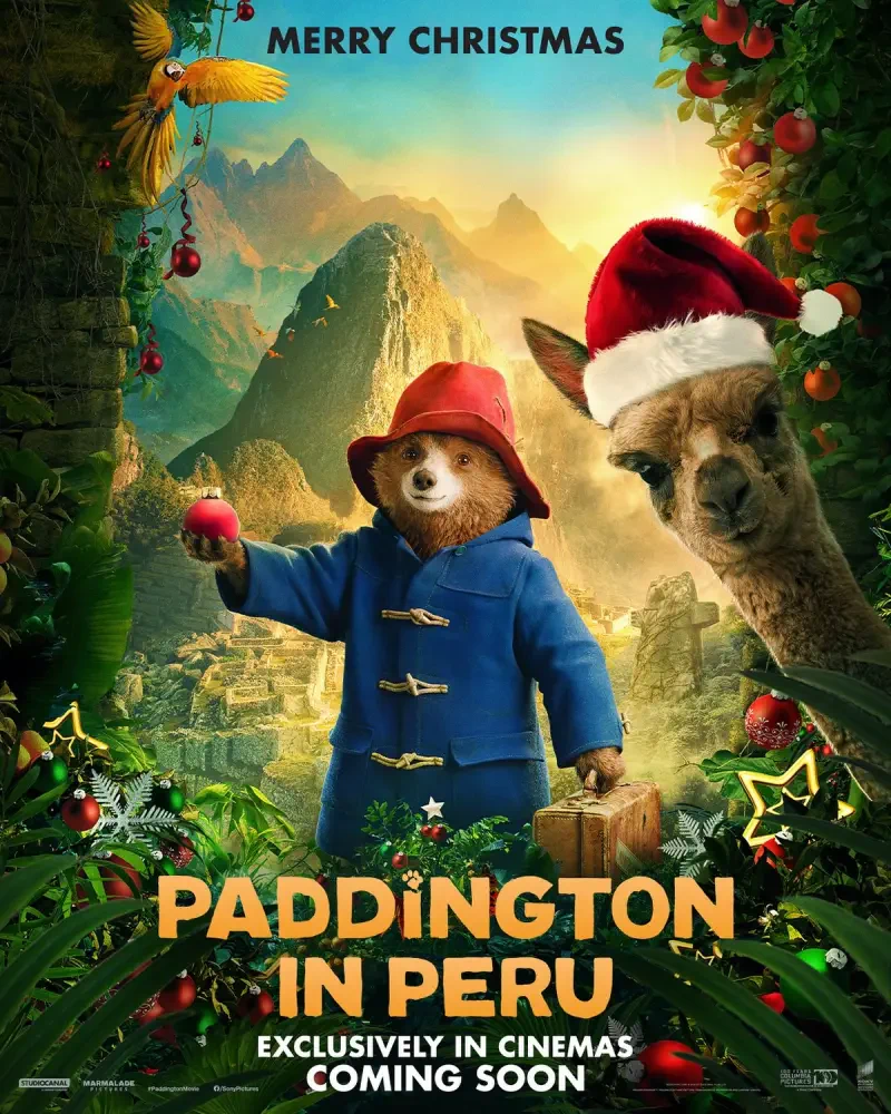 A whimsical movie poster for Paddington in Peru, featuring Paddington Bear in a blue coat and red hat, surrounded by lush greenery and an alpaca, with Christmas decorations.