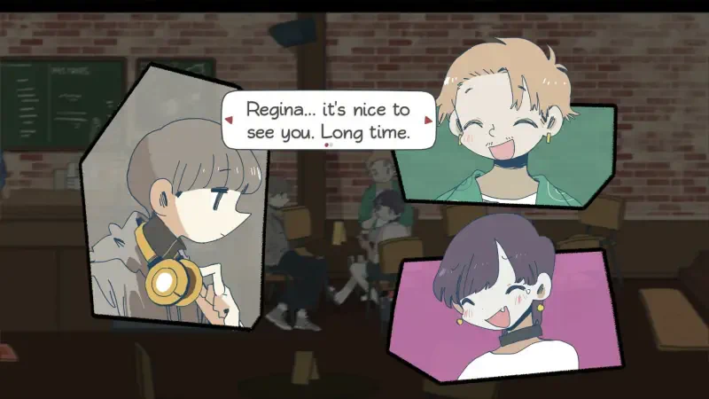 A scene from the video game Afterlove EP, featuring three animated characters engaging in a friendly conversation in a cozy, brick-walled setting.