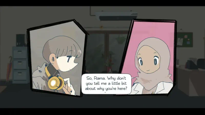 A scene from the video game Afterlove EP, featuring two characters in conversation. One character, wearing headphones, asks the other about her reason for being there.