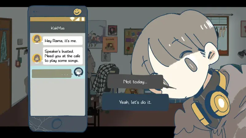 A character from the video game Afterlove EP interacts on a mobile phone, deciding whether to join a friend at a cafe to play music, depicted in a vibrant, animated style.