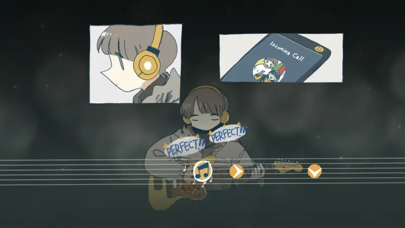 A character wearing headphones plays guitar, surrounded by music notes, with screens displaying the Afterlove EP video game and artwork, creating a vibrant, musical atmosphere.