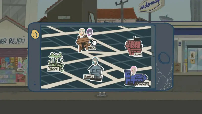 A smartphone screen displays a map from the video game Afterlove EP, featuring various locations and characters marked with colorful icons amidst a city backdrop.