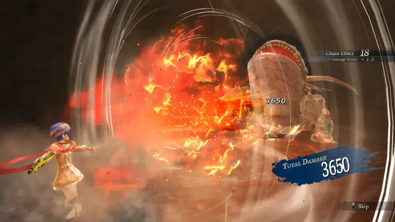 A character from The Legend of Heroes: Trails through Daybreak II unleashes a powerful attack, dealing 3650 total damage to an enemy, surrounded by fiery effects.