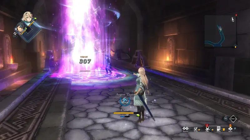 A character from *The Legend of Heroes: Trails through Daybreak II* stands on a stone floor, casting a spell at a vibrant purple energy portal in a dimly lit setting.