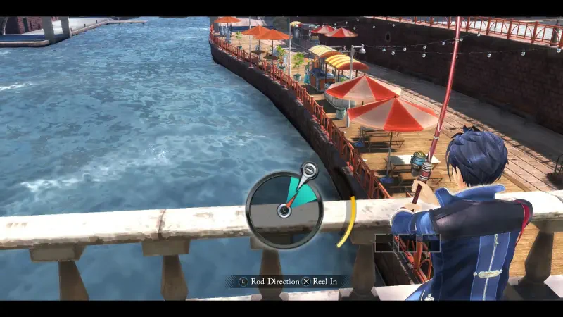 A character in The Legend of Heroes: Trails through Daybreak II is fishing from a balcony, overlooking a vibrant harbor area with colorful awnings and tranquil waters.