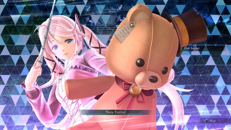 A character from the video game The Legend of Heroes: Trails through Daybreak II stands alongside a cute stuffed bear, set against a geometric blue background.