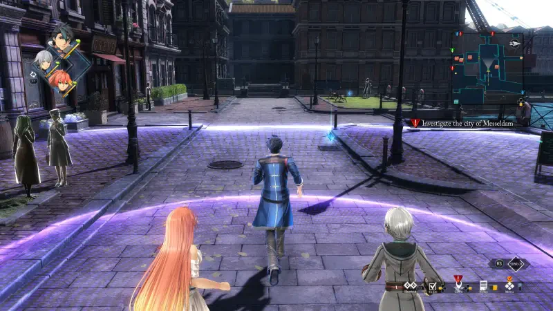 A character in blue leads a group down a cobblestone street in The Legend of Heroes: Trails through Daybreak II, surrounded by detailed buildings and a vibrant urban landscape.