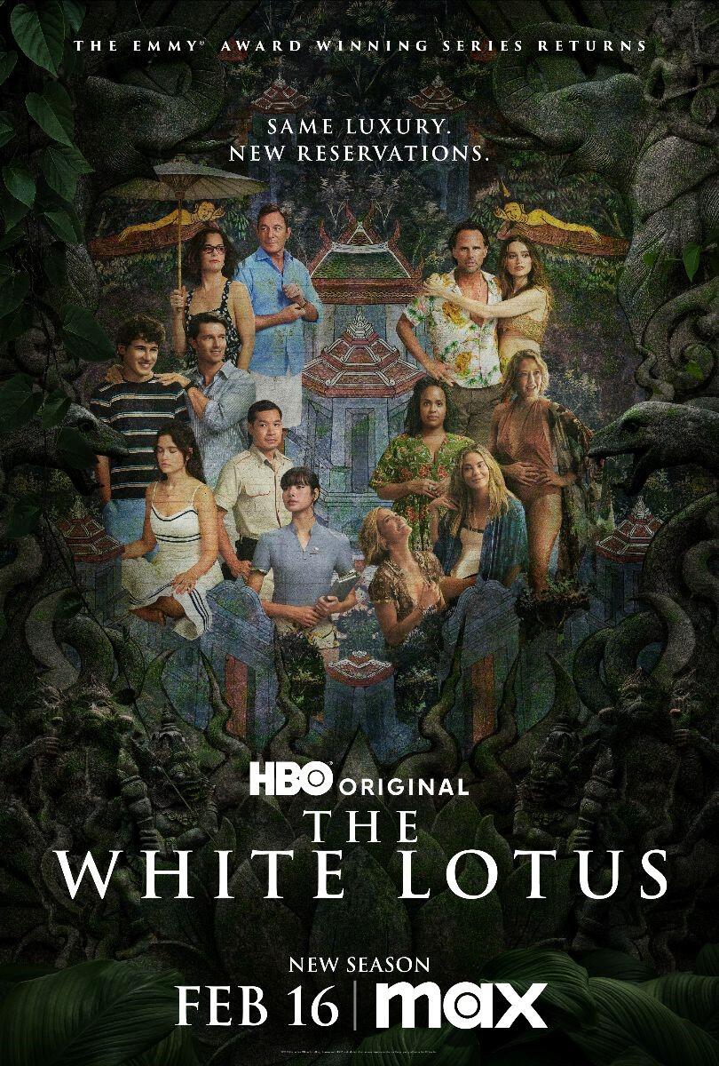 Promotional poster for the TV show *The White Lotus*, featuring the cast amidst a lush, tropical backdrop, highlighting the theme of luxury and new adventures. New season premieres Feb 16 on HBO Max.