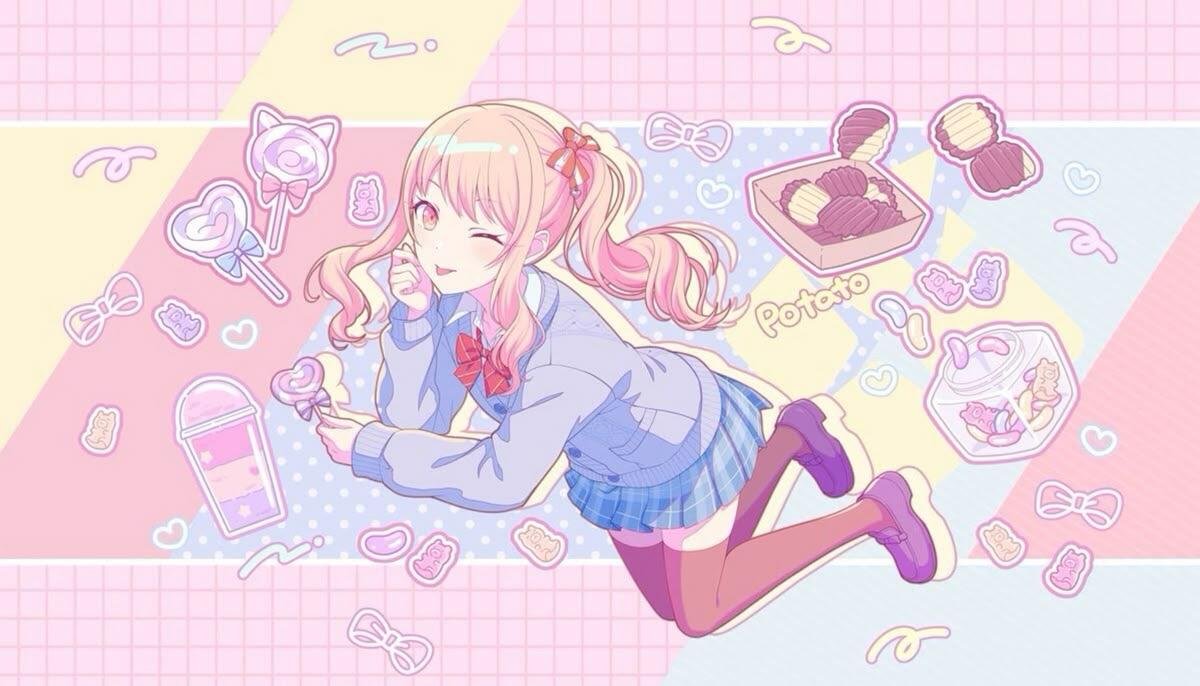 Akiyama Mizuki lies on her side, smiling with closed eyes, surrounded by pastel-colored sweets and accessories on a soft pink and purple background.