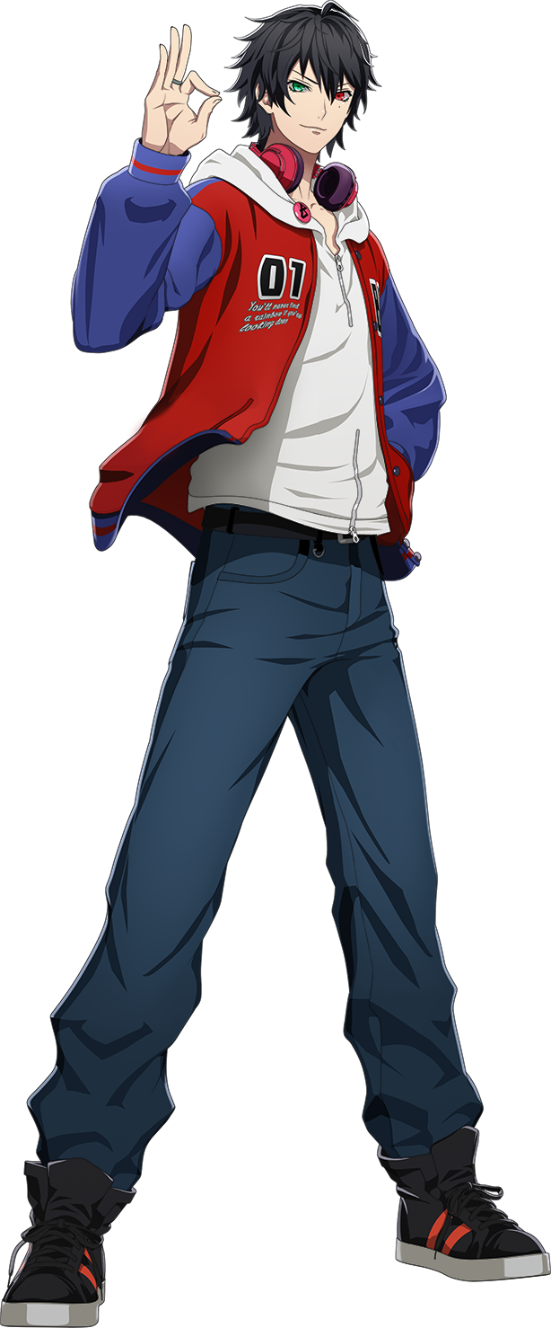 Anime character from Hypnosis Mic - Division Rap Battle, posing confidently in a red jacket with headphones, jeans, and sneakers, giving a playful hand gesture.