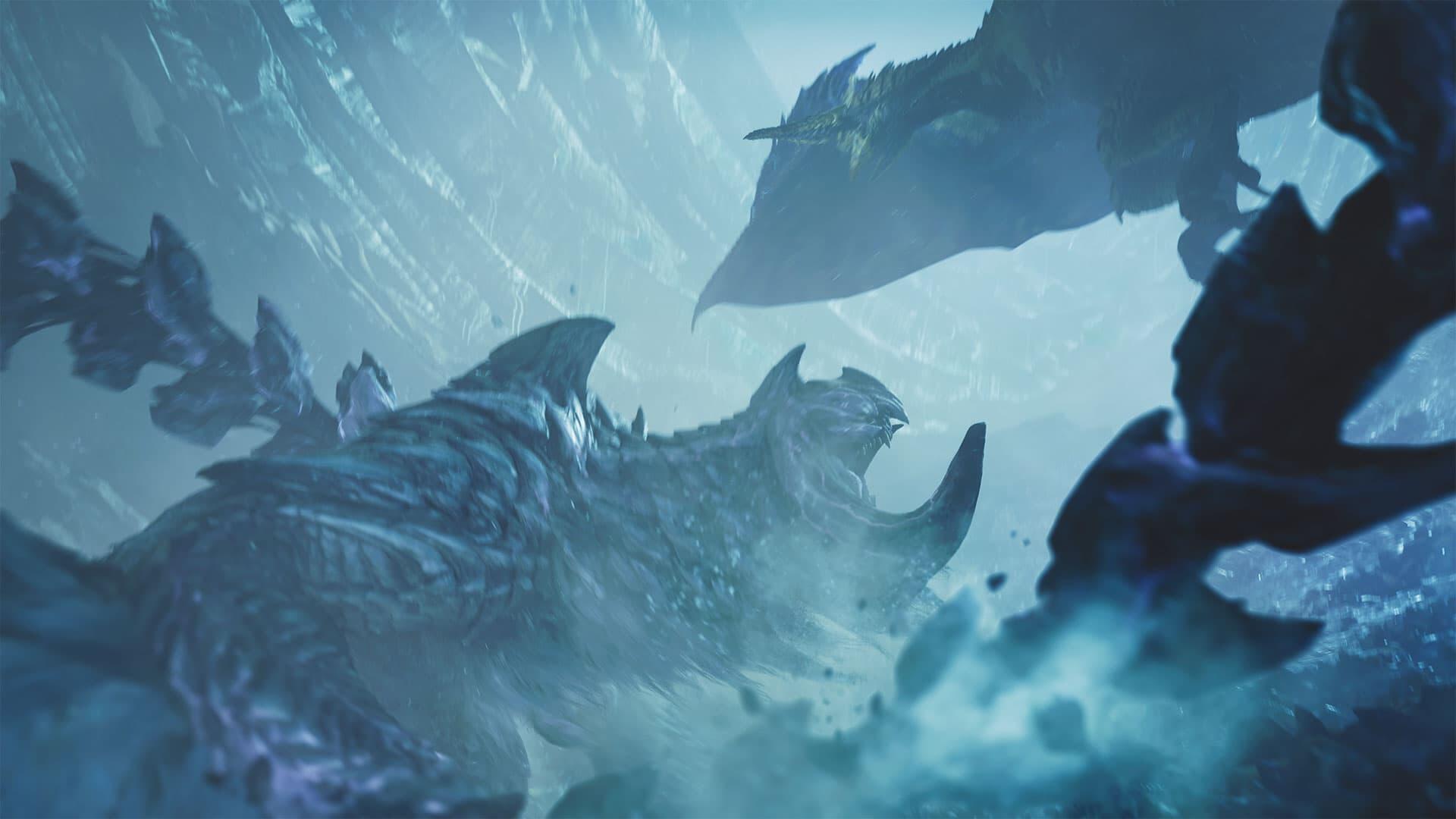 A dramatic scene from the video game Monster Hunter Wilds, showcasing towering monsters amidst a snowy landscape, highlighting the intense wildlife and epic battles.
