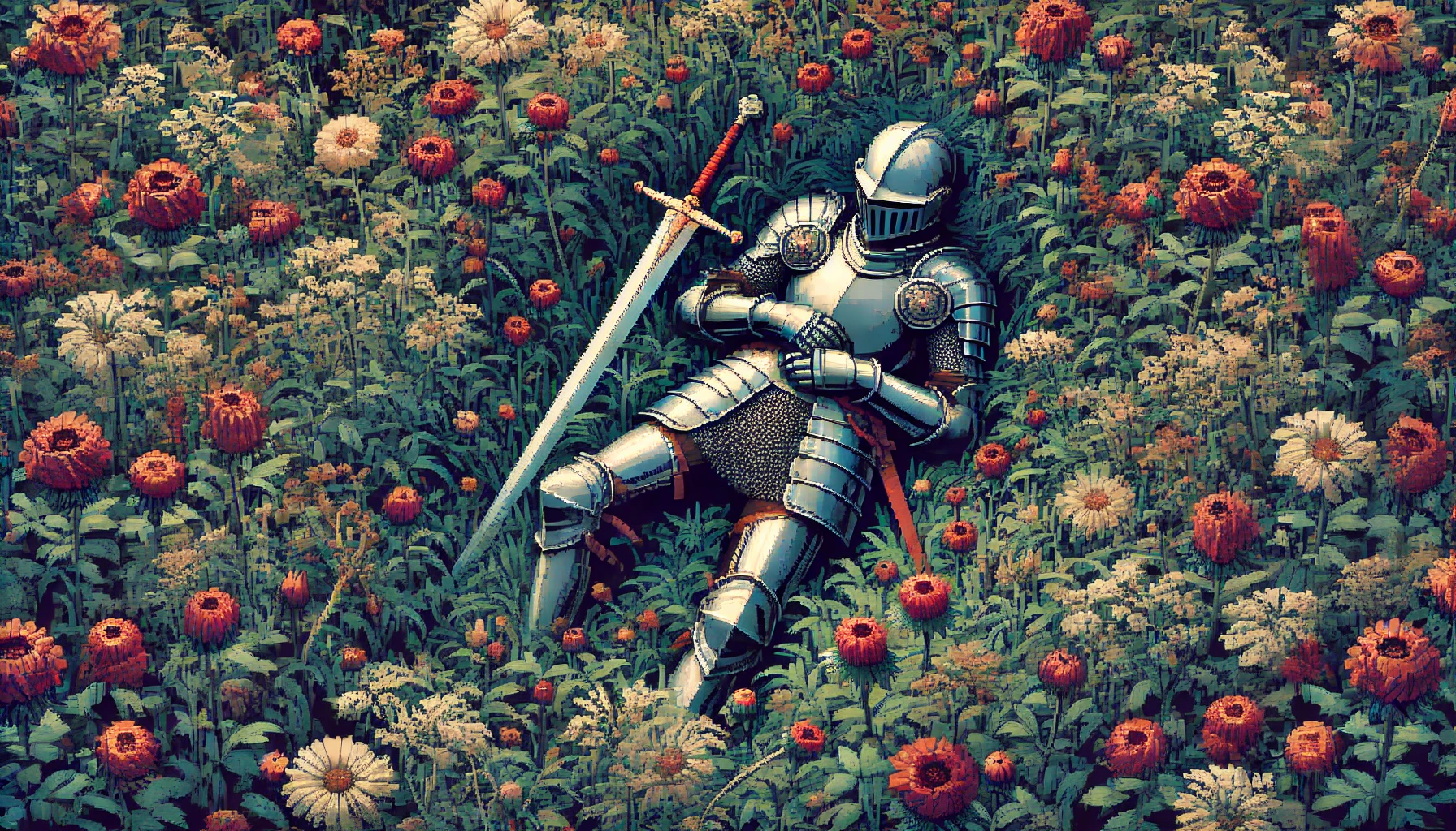 Pixel-art medieval knight in Elden Ring–style armor lies amid wildflowers, sword resting across their chest.