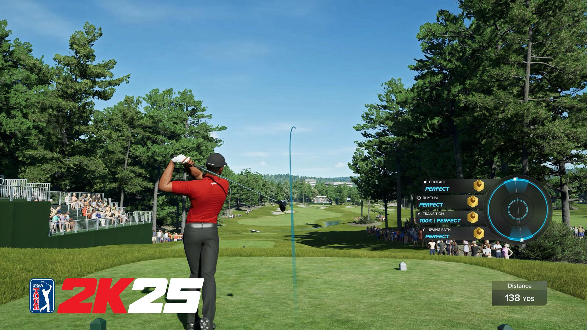 A golfer prepares to swing on the tee in PGA TOUR 2K25, surrounded by lush greenery and a crowd of fans, with game statistics displayed on the screen.