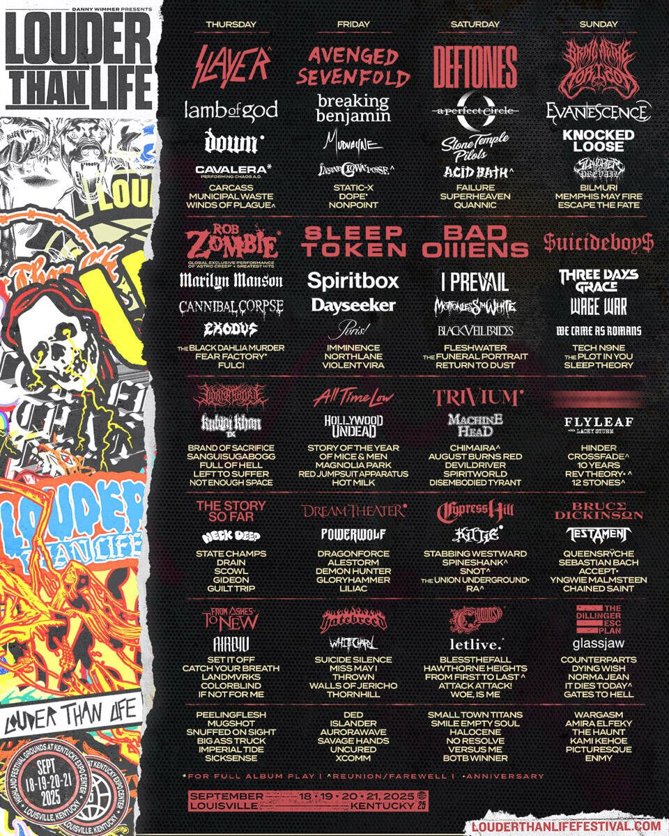 A festival lineup for Louder Than Life featuring prominent bands like Slayer, Avenged Sevenfold, and Deftones across the four-day event, showcasing various rock and metal performances.
