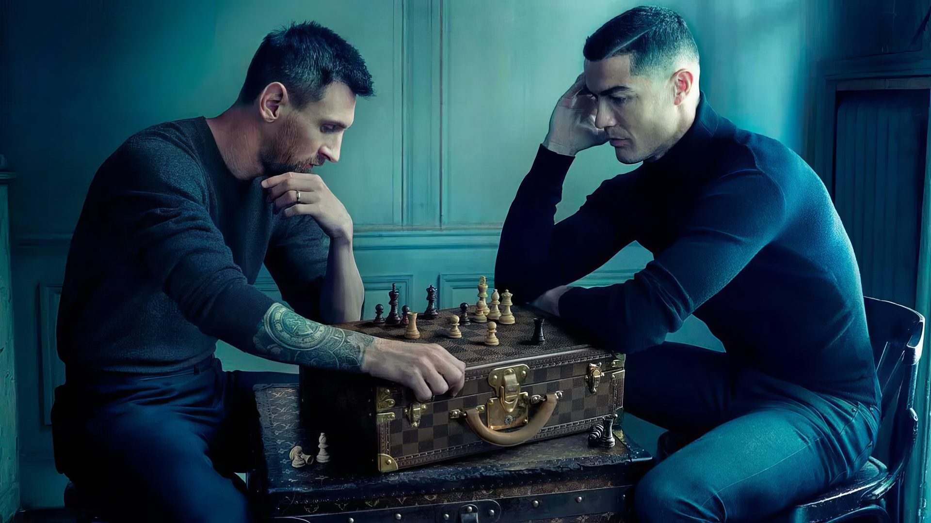 Lionel Messi and Cristiano Ronaldo engage in a focused chess match, showcasing their strategic minds against a vintage backdrop filled with an air of intensity.