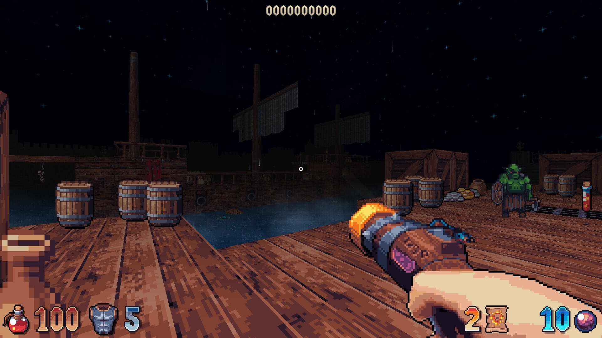 A character points a futuristic weapon towards a dark, murky dock in the video game Wizordum, surrounded by wooden barrels and faintly visible pirate ships in the background.