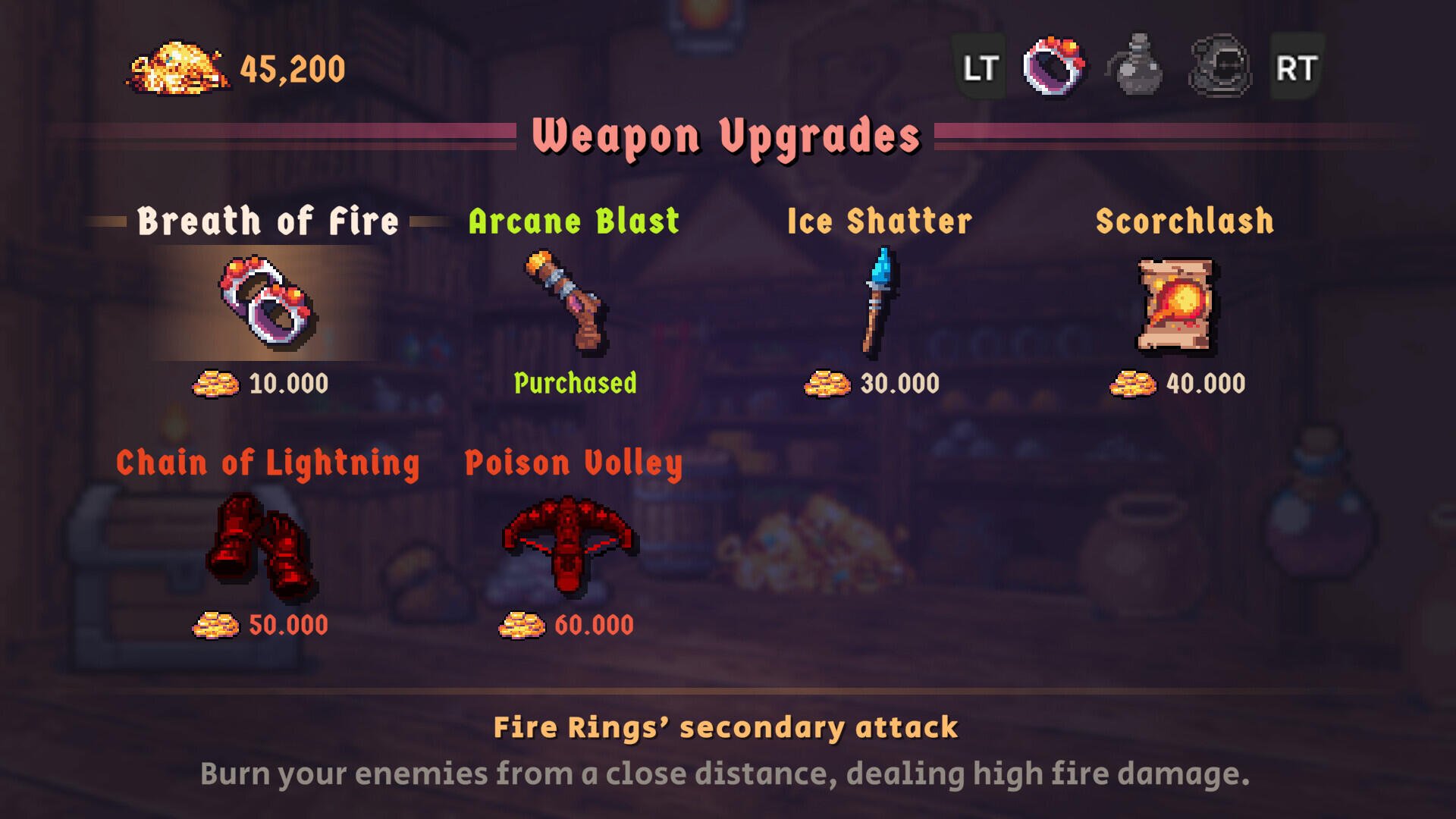 A menu screen from the video game Wizordum showcasing various weapon upgrades, including Breath of Fire, Arcane Blast, and Poison Volley, with respective costs and details.