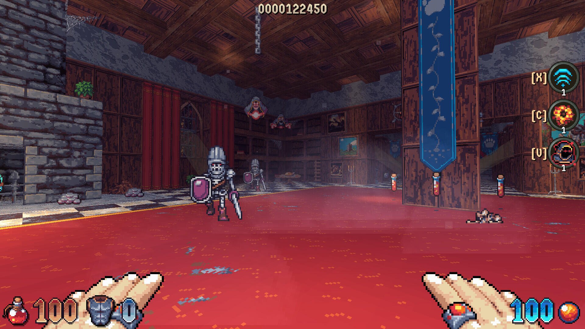 A character from the video game Wizordum stands in a red-floored room, facing a skeletal enemy. The setting features wooden beams and various objects hanging from the ceiling.