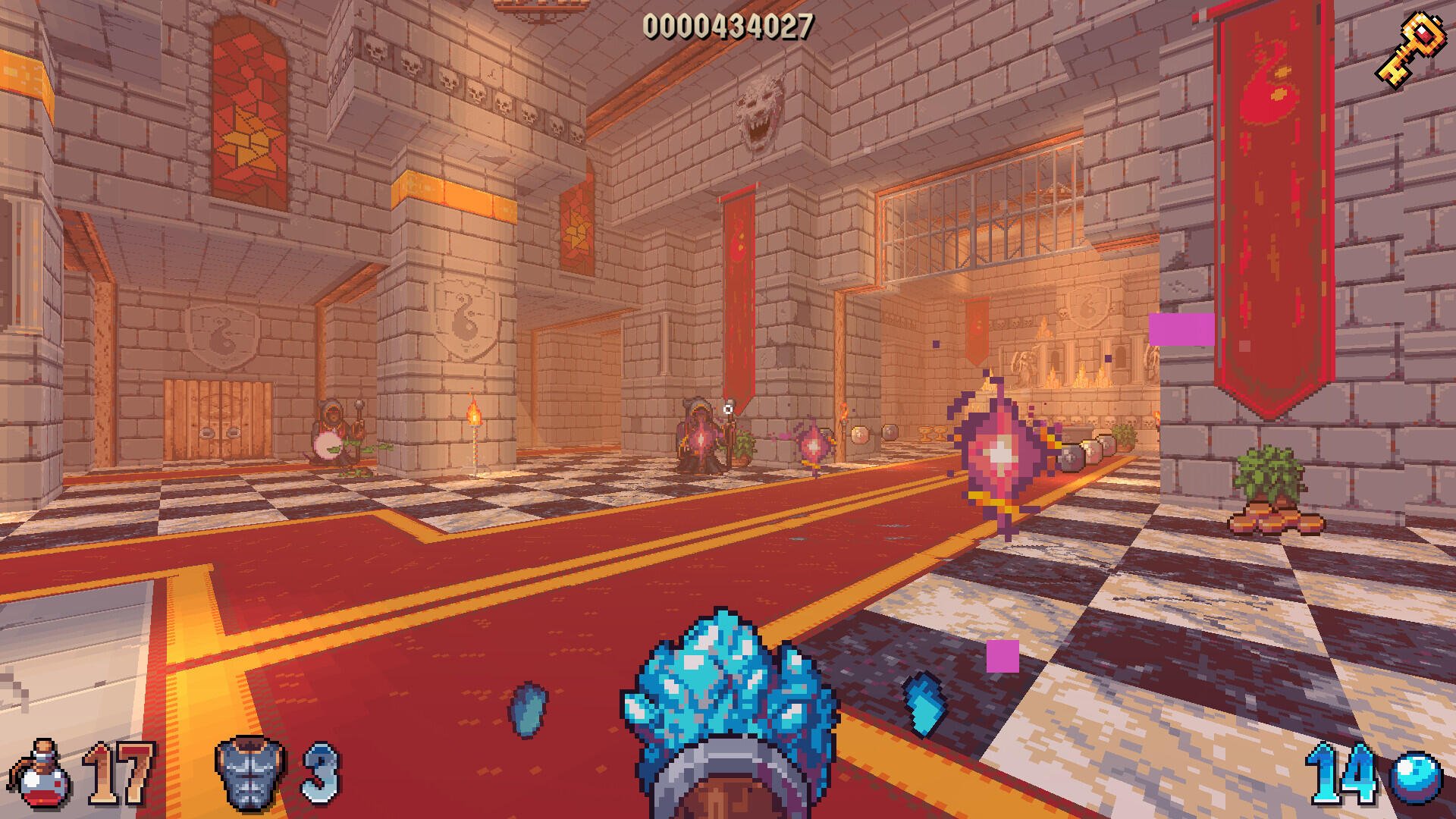 A vibrant scene from the video game Wizordum, showcasing a character wielding a magical weapon in a richly decorated stone castle with colorful gems and enemies in the distance.