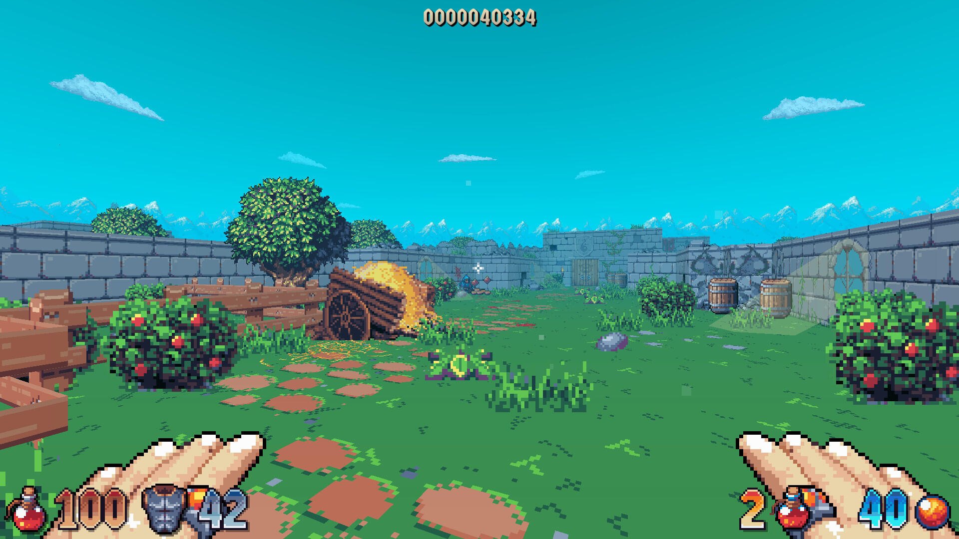 A vibrant in-game scene from the video game Wizordum, featuring a colorful landscape with trees, a cart, and scattered rocks under a clear blue sky.