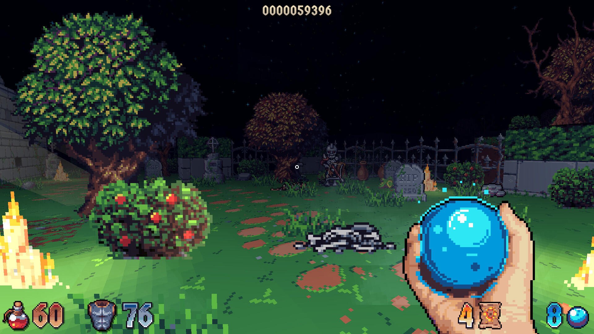 A hand holds a blue orb in the foreground, with a vibrant, pixelated garden scene behind, featuring bushes, a chain, and hints of spooky elements, reflecting the whimsical style of the game Wizordum.