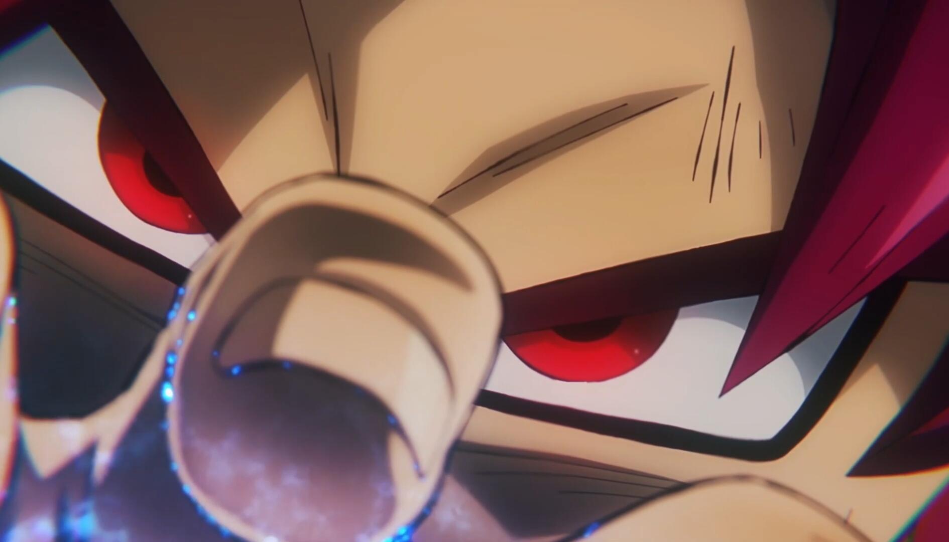 Close-up of Goku's intense red eyes and furrowed brow as he thrusts a finger toward the viewer, electricity-like light reflecting off his hand and face.