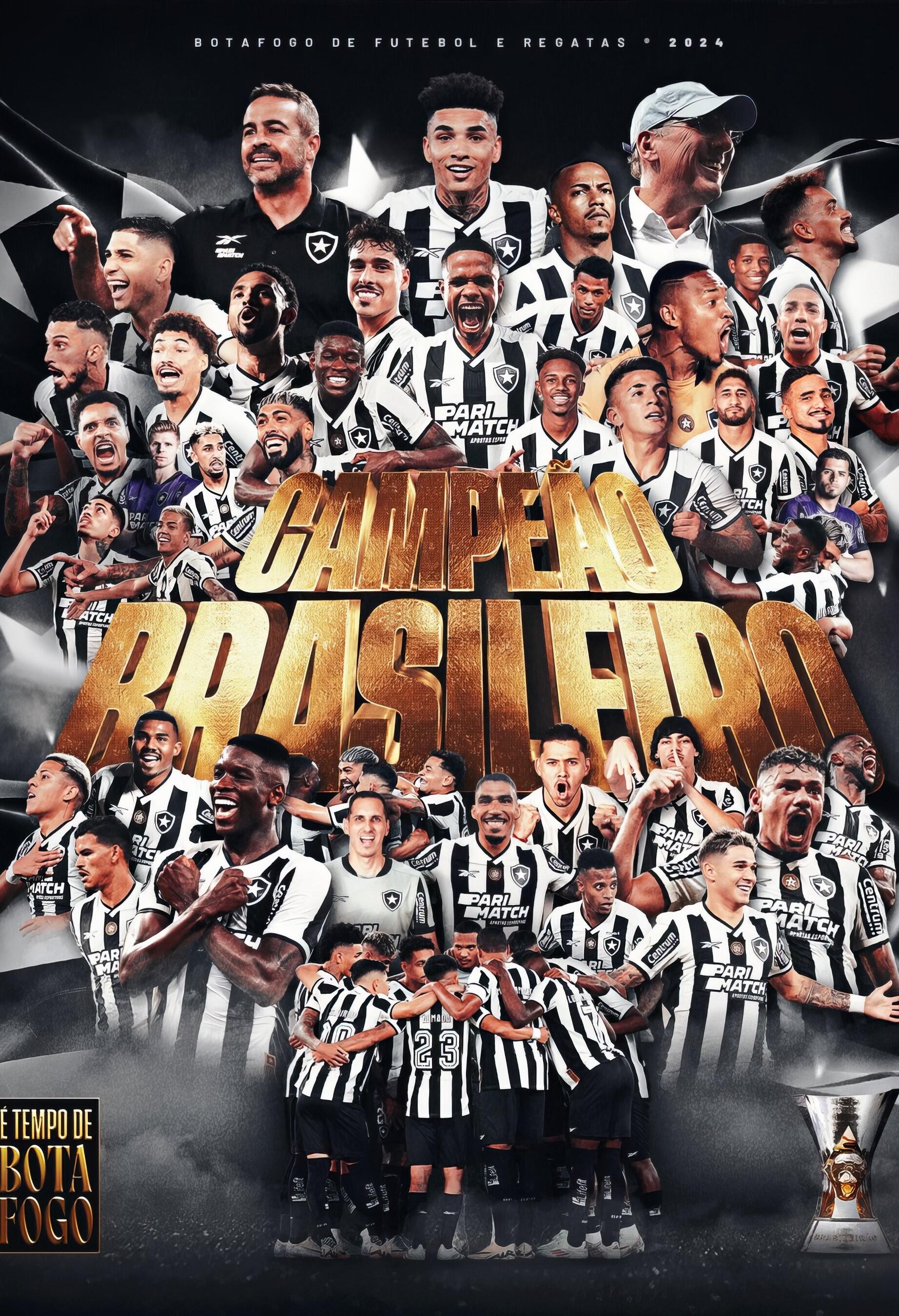 Collage of Botafogo de Futebol e Regatas players and staff celebrating their Brazilian soccer championship win in 2023, with bold Campeão Brasileiro text in gold.
