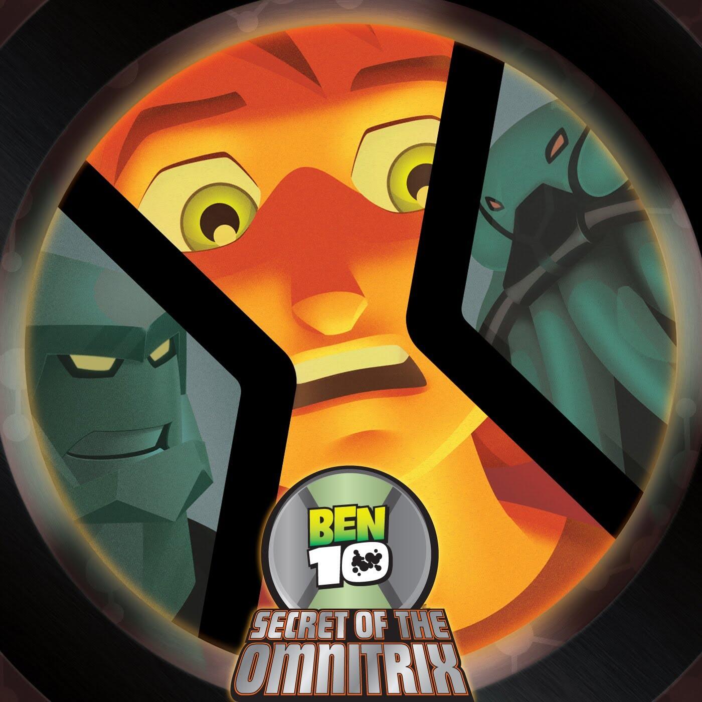 Close-up of three animated alien faces framed by the Omnitrix symbol, with the Ben 10: Secret of the Omnitrix logo displayed at the bottom.