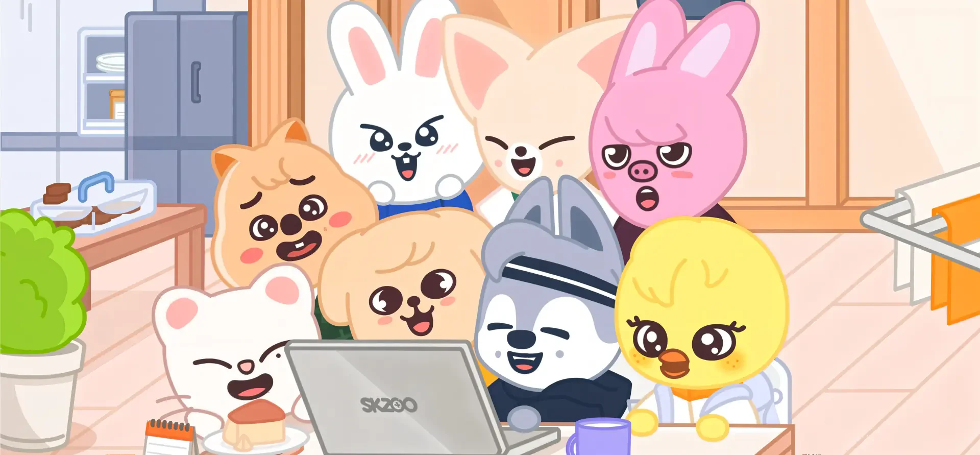 Seven animated SKZOO characters gather around a laptop in a cozy kitchen, showing various cheerful and curious expressions.