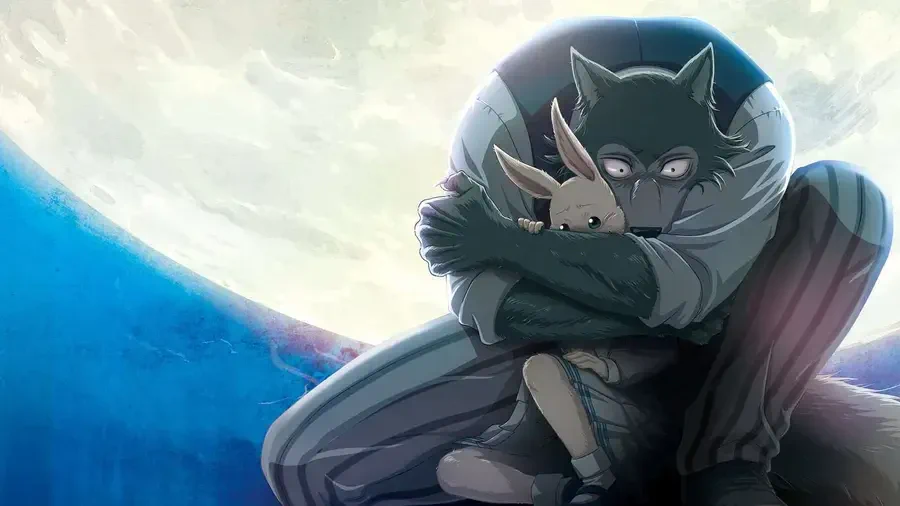A wolf character from Beastars embraces a white rabbit under the bright full moon in a nighttime scene.