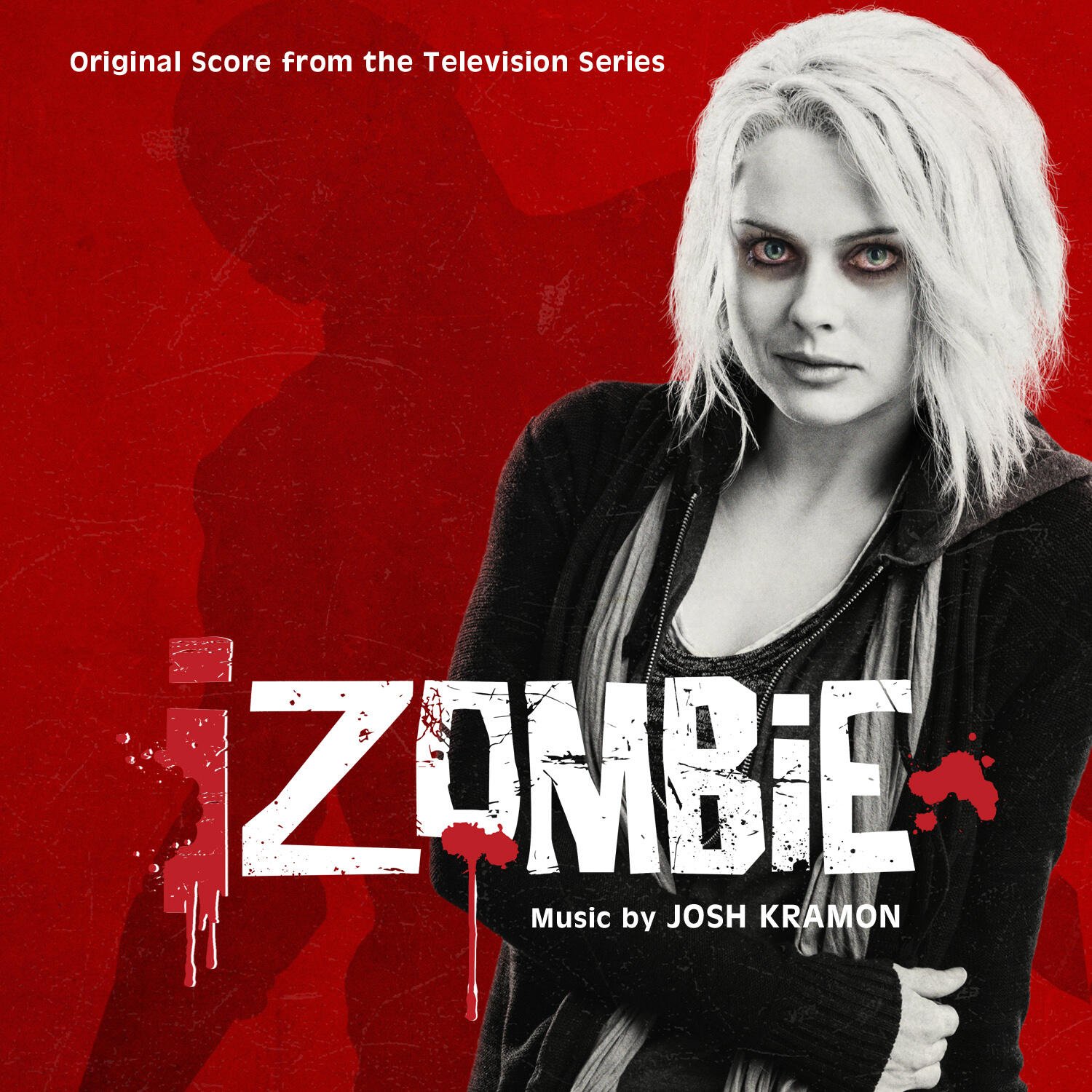 Promotional iZombie image: pale blonde woman with dark eye makeup and black jacket against a red background, blood-splattered white iZombie title.