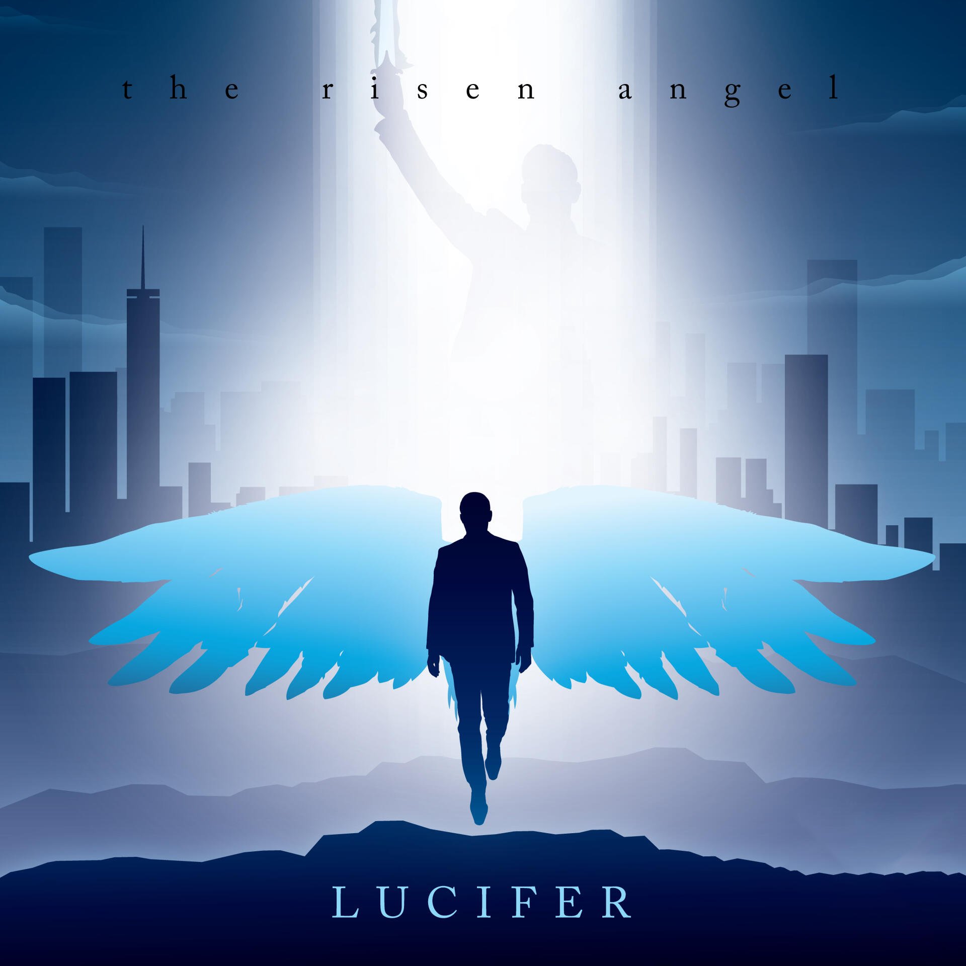 Silhouette of a man with glowing blue angel wings descending toward a stylized city skyline beneath the title Lucifer.